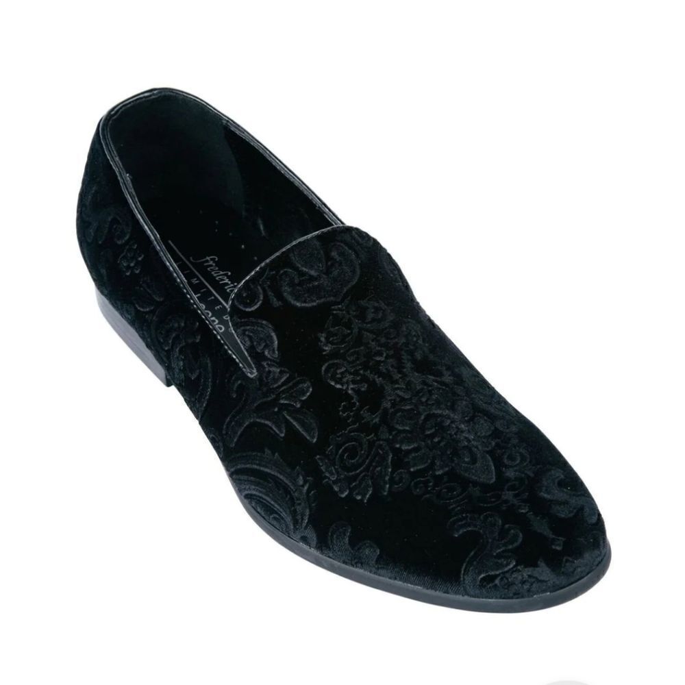 MEN'S FREDERICO LEONE BLACK SLIP ON VELVET JACQUARD TUXEDO SHOE.